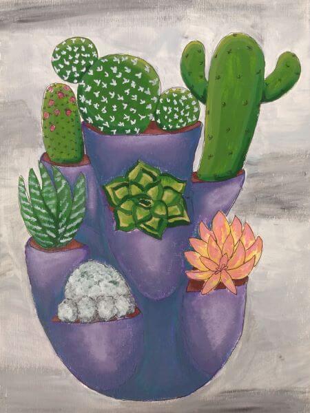Watercolour painting of a blue six holed planter with a variety of different cacti and succulents in it