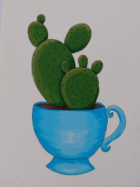 Watercolour of Pigs Ear cacti planted in a blue teacup