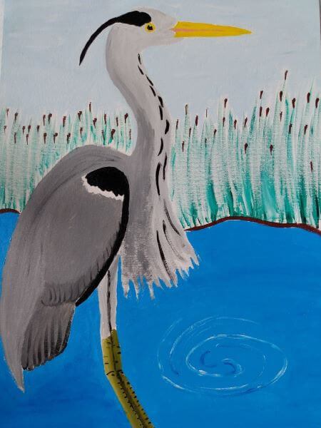 Acrylic painting of a heron stood by a river with a backdrop of bulrushes