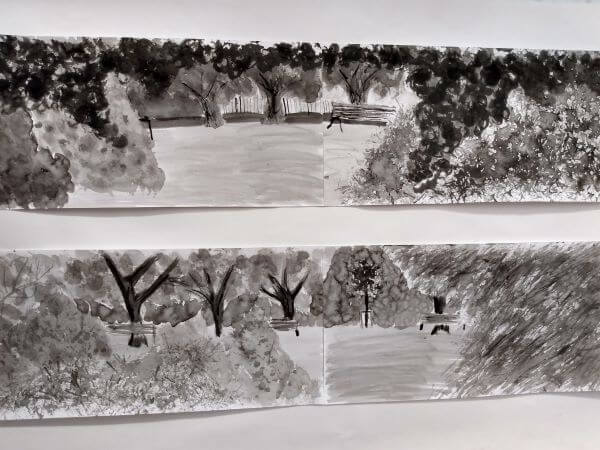 Ink painting of our local Holmestead Park done using homemade brushes