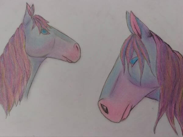 Soft pastel drawing of two horses heads only in shades of pink, purple and blue