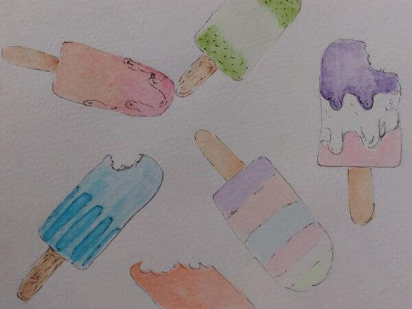 Watercolour and pen sketch of icelollies of different colours and patterns some with bites off the tops