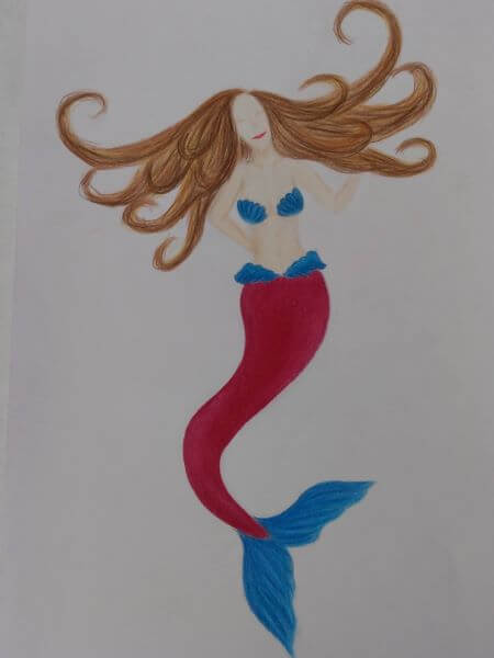 Drawing of a mermaid with floating brown hair a maroon tail with blue fin in pencil