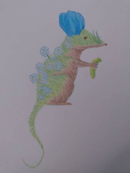 Cartoon pencil drawing of a brown mouse with blue ears and a wildflower meadow on its back carrying a green grub
