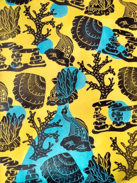 Random printed black fish tank ornament shapes on a larva lamp inspired background of yellow with blue larva bubbles