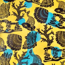 Random printed black fish tank ornament shapes on a larva lamp inspired background of white with blue larva bubbles