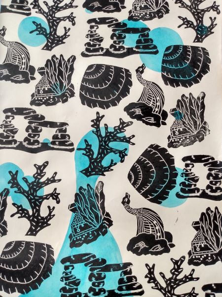 Random printed black fish tank ornament shapes on a larva lamp inspired background of white with blue larva bubbles