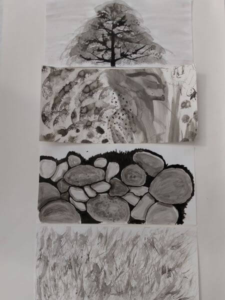 3 experimental ink paintings using home made brushes