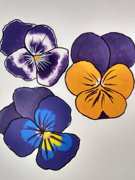 Watercolour painting of three purple pansies with white, yellow and blue highlights on them