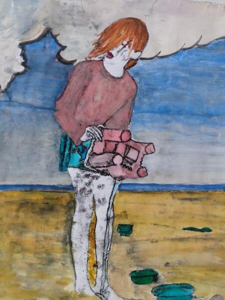 A print of a girl at the beach pouring seawater from a bucket down her legs to wash sand off her feet