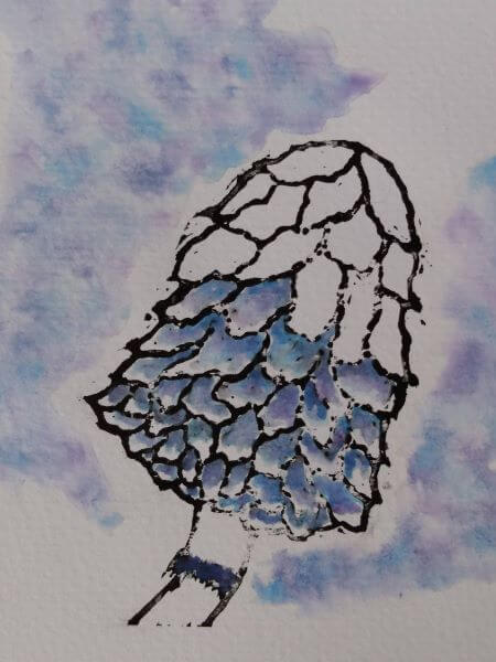 A lino print in black of a Shaggy Inkcap Mushroom painted in shades of blue watercolours with a painted background in the same colours