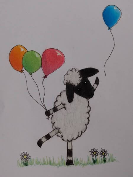 Cartoon of a sheep carrying a bunch of balloons in one hand and trying to catch an escaped one with another