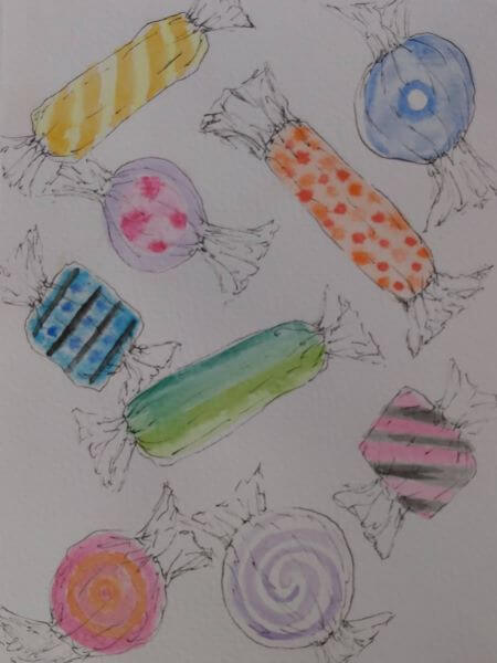 Watercolour and pen sketch of colourful pattern wrapped boiled and chewy sweets