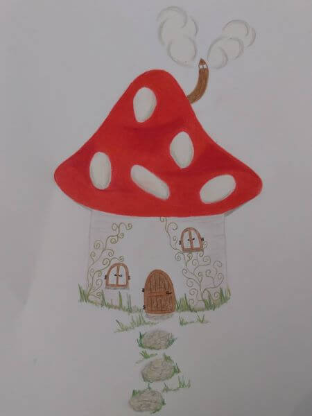 Pencil drawing of a red roofed toadstool house with arch shaped windows and door and smoke coming from its chimney