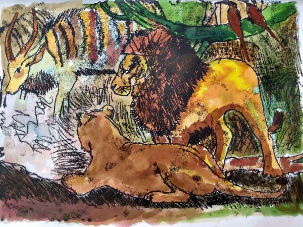 Print of a couple of African lions and a Bongo Antelope gathering around a waterhole painted in watercolours