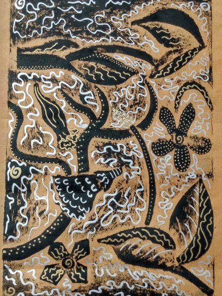 Inspired by wild plants print in black with silver pattern higlights on brown paper